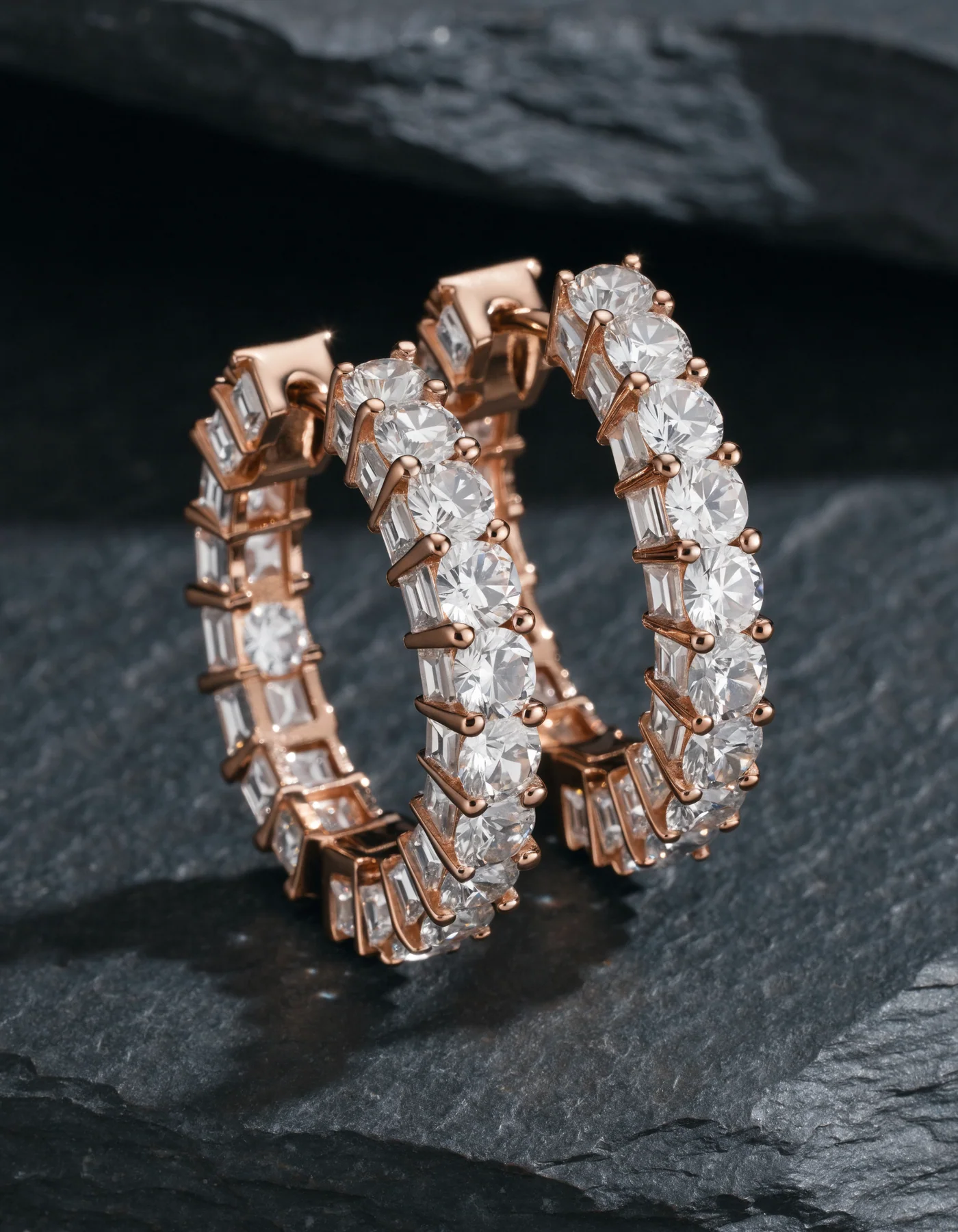 Pair of rose-gold-tone hoop earrings set with clear stones